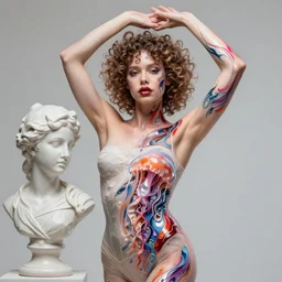 Vass Roland cover art body art arms up armpit hand behind head pose future bass girl unwrapped smooth body unfolds statue bust curls of hair petite lush front and side view body photography model full body curly jellyfish lips art contrast vibrant futuristic fabric skin jellyfish material metal veins style of Jonathan Zawada, Thisset colours simple background objective