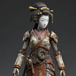 a android geisha, rusted, old plastic, cyberpunk