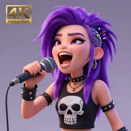 high detail unreal engine render of a punk girl with purple emo hair, a skull shirt, and studded arm bands screaming into a microphone in pixar style 4 k