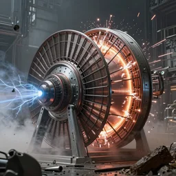 massive awesome spinning electrical tesla turbine generator spinning fast in an apocalyptic megastructure, gigawatt electrical sparks, octane render, smoke, debris, dust