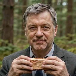 viktor orban in a forest, highly detailed face, holding a wood piece, very detailed, storybook