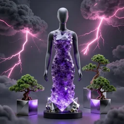 beautiful mannequin sculpted out of amethyst by billelis + lit with purple 3 d geometric neon + chrome geometric cubed bonsai plants!!!!, dark grey clouds + neon pink lightning in background, clean linework, dramatic, finely detailed, rule of thirds, moody, confident, award winning, 4 k, trending on artstation, photorealistic, volumetric lighting, octane render