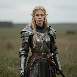 fantasy portrait of an elf warrior with a field in the background