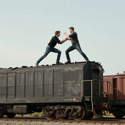 two people fighting on top of a coal train, artstation, epic, by greg rutkowski, sharp detail