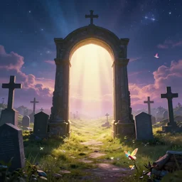 photograph of a portal portal to bright heaven in a graveyard graveyard, crosses, cinematic, tyndall effect, sunlight, god rays, fairies, global illumination, hypermaximalist, detailed, landscape 4k, 8k, breathtaking stars, surrealism, distant, concept art, digital art, sharp focus, mystic hues, acid pixie, RTX, octane render, Trending on DeviantArt, by lee madgwick and thomas kinkade