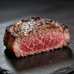A perfectly cooked medium rare steak, food photography, 35mm, macro
