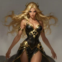 a highly detailed illustration of fierce blonde tanned skin goddess wearing black and gold skull dress, dramatic powerful pose, perfect face, perfect body, intricate, elegant, highly detailed, centered, digital painting, artstation, concept art, smooth, sharp focus, league of legends concept art, wlop
