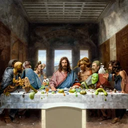 the last supper with jesus, all the disciples are slimy green blobs, painted by leonardo da vinci