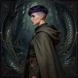 side portrait rugged girl, adventurer outfit large cloak, fantasy forest landscape, dragon scales, fantasy magic, undercut hairstyle, short purple black fade hair, dark light night, intricate, elegant, sharp focus, illustration, highly detailed, digital painting, concept art, matte, art by wlop and artgerm and greg rutkowski and alphonse mucha, masterpiece