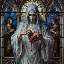 breathtaking detailed soft painting of a grim reaper in gauze dress, with long hair and piercing eyes and bleeding meat flesh, in an intricate medieval stained glass, rembrandt style, elegant, highly detailed, artstation, concept art, matte, sharp focus, art by tom bagshaw, luis royo and greg rutkowski