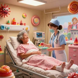 photo of a happy patient and doctor or nurse in a hospital room made out of soft candy, candy hospital equipment, candy hospital room, candy treatments, oompa loompa virus, willy wonka pandemic