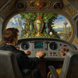 the view from inside in spaceship cockpit. an alien controlling the dashboard. decorated with foliage, faberge, and filigree. pulp sci - fi art. baroque period, oil on canvas. renaissance masterpiece