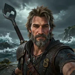 selfie of willem dafoe as a sea of thieves character, sea of thieves screenshot, storm, unreal engine, digital art