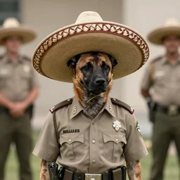 A photo of the world's greatest sheriff: an african painted dog wearing a sombrero!