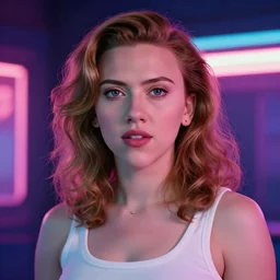“ scarlett johansson portrait, stranger things character, 8 0 s, neon, high school, student, vhs, arcade, fiction, steven spielberg ”