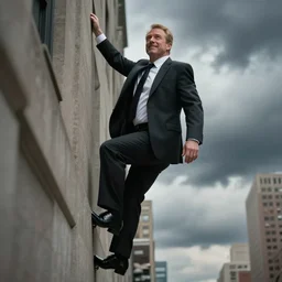 Jon Favreau as clean-shaven Happy Hogan wearing a black suit and black necktie and black dress shoes is climbing up the side of a tall building in an urban city. The sky is filled with dark clouds and the mood is ominous.