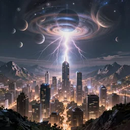 scifi cityscape with mountains in the background and planets in the sky, beautiful, volumetric lightning