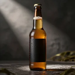 photorealistic rendering of cold beer bottle with drops for advertising, blank black label, studio light