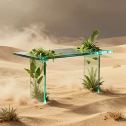 a table, leg made of rectangle tetris, in the desert, sandstorm, made of glass and plants, octane render, trending on artstation