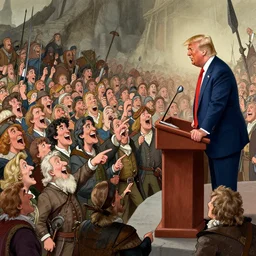 enoumous crowd of people, as seen in the battle of helm's deep, but no weapons or armor present, everyone is laughing and pointing at donald trump standing on a podium. style of political cartoon.