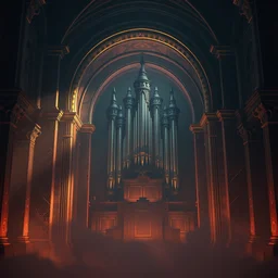 pipe organ in an arch, obsidian walls with gold trim, by peter mohrbacher dan mumford craig mullins nekro, cgsociety, pixiv, volumetric light, 3 d render, smoke, dark fog, sunset colors