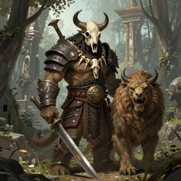 portrait of an uruk hai - gul'dan - hybrid, savage orc warrior wearing ancient barbarian armor, mask made from animal skull and necklace made from human bones, big beast pet sitting next to him, forest temple in the background, illustration concept trending pixiv fanbox by wlop and greg rutkowski and caravaggio and rosa bonheur, and william harnett