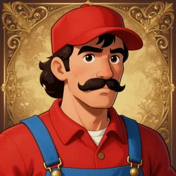 highly detailed vfx portrait of a man with a mustache wearing a red shirt, blue overalls, and a red cap, art by lucasarts, digital illustration, ornate details,