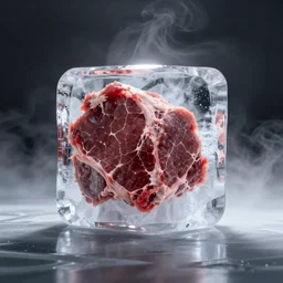 photo, front view of an ice bloc full of meat, foggy