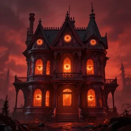 A Victorian House of The Void with glowing orange eyeballs staring out from the windows, Red and Orange colored, Lovecraftian, 4k, masterpiece, cinematic, by Greg Rutkowski, Trending on Artstation, Behance. Polished, Volumetric Lighting
