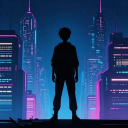 one boy silhouette in front of a cyberperunk city, neon lights, very beautiful, trending on deviantart, artstation