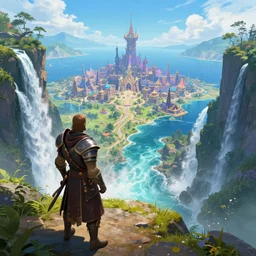 A Fantasy Warrior, standing on a cliffside, beside a beautiful colourful waterfall, over looking a large Fantasy city in the middle of the ocean, trending artstation, 8k, highly detailed, matte painting, concept art, over the shoulder wide shot