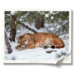 torn up postcard of 'a cougar sleeping in the middle of snowy pine tree' laying on coffee table, zoomed out shot, HD, iphone capture
