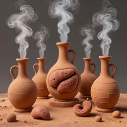 an alchemical laboratory made from clay alembics distilling voices, vapour, air flow, clay, no humans, alchemical drawing, steam, larynx, oesophagus texture, 8 k, unreal, high resolution, vivid colours, romanesque, middle ages, futuristic, 3 d render