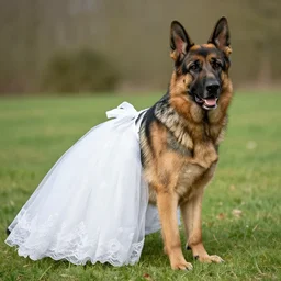German Shepherd wears a wedding dress