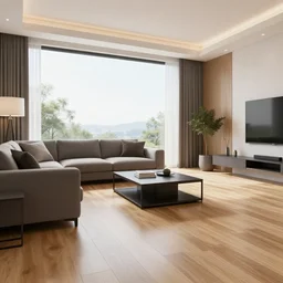 a beautiful modern living room with wood floors, large windows with a beautiful view, interior lights and lighting, cozy, realistic, hd, 8 k, digital rendering, unreal engine, blender, octane, maya