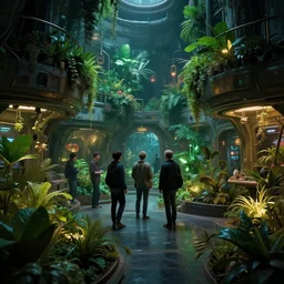 people hanging out in an interior of a spaceship with artificial gardens and greenery, cyberpunk, moody, luminescent, rule of thirds, golden ratio, ambient lighting, syd mead, greg rutkowski, wlop, artgerm, artstation, highly detailed masterpiece