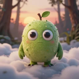 cute small fruit monster, in clouds, sunset, in a forest, big eyes, portrait by greg hildebrandt, studio lighting, muted colors, by terry richardson, by frank frazetta, extreme detail, reflections, trending on artstation, 8 k