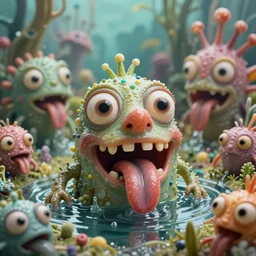 of an intricate microscopic swamp with strange cute goofy creatures with huge eyes, long tongue, square teeth and big nose appearing from the waters, in the style of jeff koons, macro lens, shallow depth of field, highly detailed, digital painting, trending artstation, concept art, illustration, cinematic lighting, vibrant colors, photorealism, epic, octane render