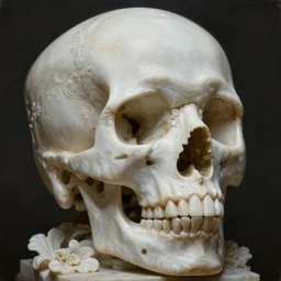 hyperrealistic painting of a flower marble skull, octane detailed render, intricate, epic composition, cinematic lighting, statue masterpiece, trending on artstation, masterpiece, stunning, hdr, smooth, sharp focus, high resolution, award, winning photo, dslr