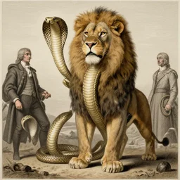 hybrid chimera coiled cobra cobra neck neck disguised as a lion lion costume chris cold j.m.w. turner greg rutkowski giorgio de chirico ralph steadman arsen savadov dan witz uta natsume aquatint