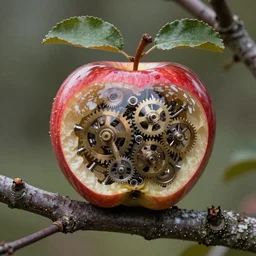 35mm photo of an (intricate!! Mechanical apple that has transparent skin!! and lots of gears visible inside of the apple!!), growing off a tree branch. very detailed, 8k, fantasy horror, award winning