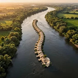 wide!!! landscape photo of river that follows the distinct shape of a human spinal column!!, drone photo, golden hour, lush green vegetation, medium format