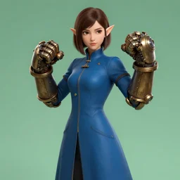 character portrait of young female elf, fisting monk, massive steampunk hands, blue skintight closed longcoat, brown bob haircut, green eyes, white skin, high fantasy, high detail, steampunk, akihiko yoshida, james jean andrei riabovitchev marc _ simonetti, yoshitaka amano