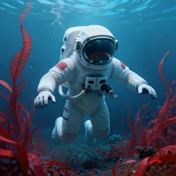 soma game art style, drowning astronaut under water, red or blue plants, panic, hyperdetailed, hyperrealistic, cyberpunk style