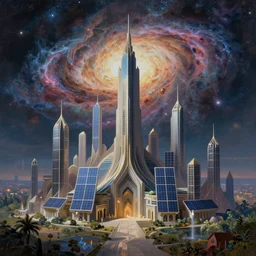 solar punk city, geometry will draw the soul toward the truth and create the spirit of philosophy, galactic nebula, surrealist oil painting