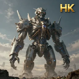 The gargantuan, planet-sized interstellar cyberpunk steampunk cyborg creature towered over the horizon. Creepy, 4K Cinematic, Award winning, ultra high resolution, intricate details, UHD 8K