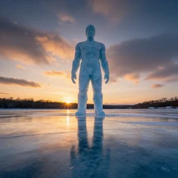 amazing landscape photo of a Frozen Human Giant stuck under the ice transparent frozen lake at sunset by marc adamus beautiful dramatic lighting