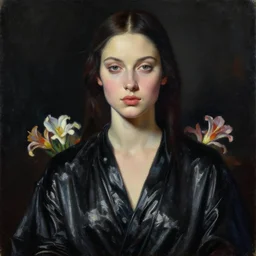 hyperrealism mixed with classicism, oil painting, close - up portrait of fashion model, painting instead of head, fully clothes in black reflect robe, flowers, complete darkness, in style of classicism mixed with 8 0 s sci - fi hyperrealism
