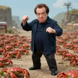 Zoomed out camera shot of Detailed realistic Danny Devito standing fighting an army of small red crabs
