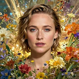 a head and shoulders portrait of alicia vikander surrounded by an explosion of wild flowers, ethereal vibrant lighting, by joshua middleton, by alphonse mucha, by edgar maxence, by gustav klimt, by gregory manchess, by wayne barlowe, by james gilleard, single head, hyper realistic, octane render, iridescent, purple green yellow pink